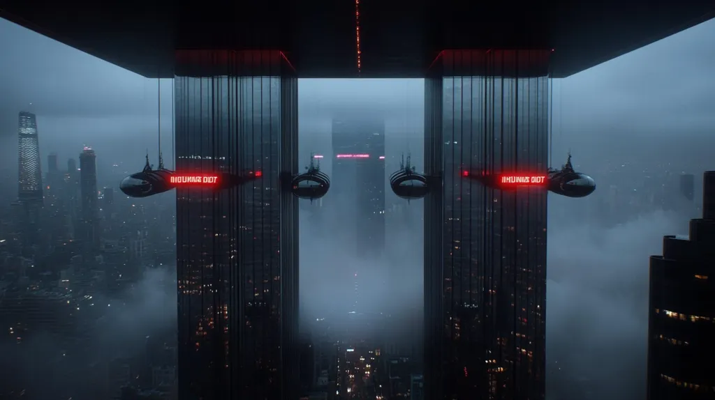 The image depicts a futuristic cityscape shrouded in fog. Two tall buildings, connected by a bridge, stand out against the grey sky.  Two flying vehicles, with the words "IHUNMX DIOT" illuminated in red, hover in front of the buildings. The scene creates a sense of mystery and intrigue.
