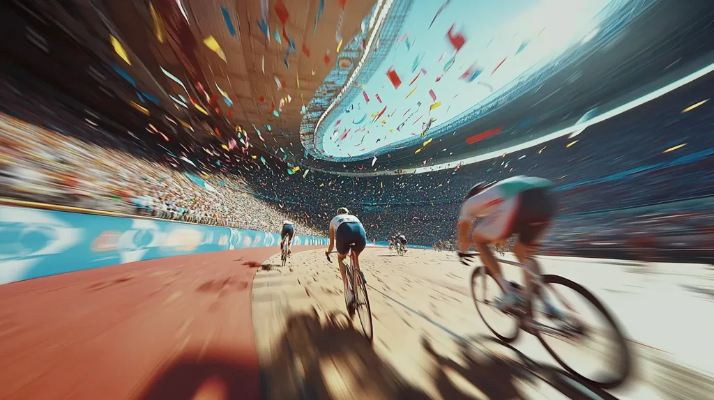 A group of cyclists race around a track in a stadium. The cyclists are blurred, as if in motion, and the stadium is filled with spectators. Colorful confetti falls from the sky, adding to the celebratory atmosphere of the event. The sun shines brightly above, making the scene feel warm and vibrant. The image captures the excitement and energy of a sporting competition.