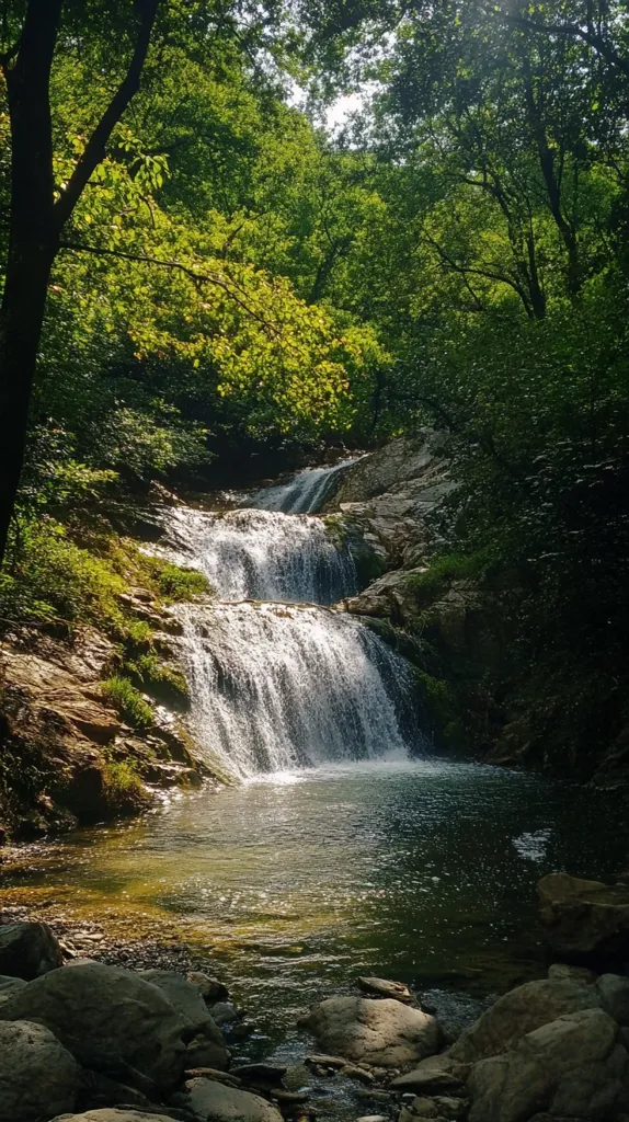 A cascading waterfall tumbles down a rocky slope, surrounded by lush green foliage. The water is clear and sparkling, reflecting the sunlight filtering through the dense canopy above. The scene is serene and tranquil, a hidden oasis in the heart of nature. The rocks and moss-covered slopes add to the natural beauty of the landscape.