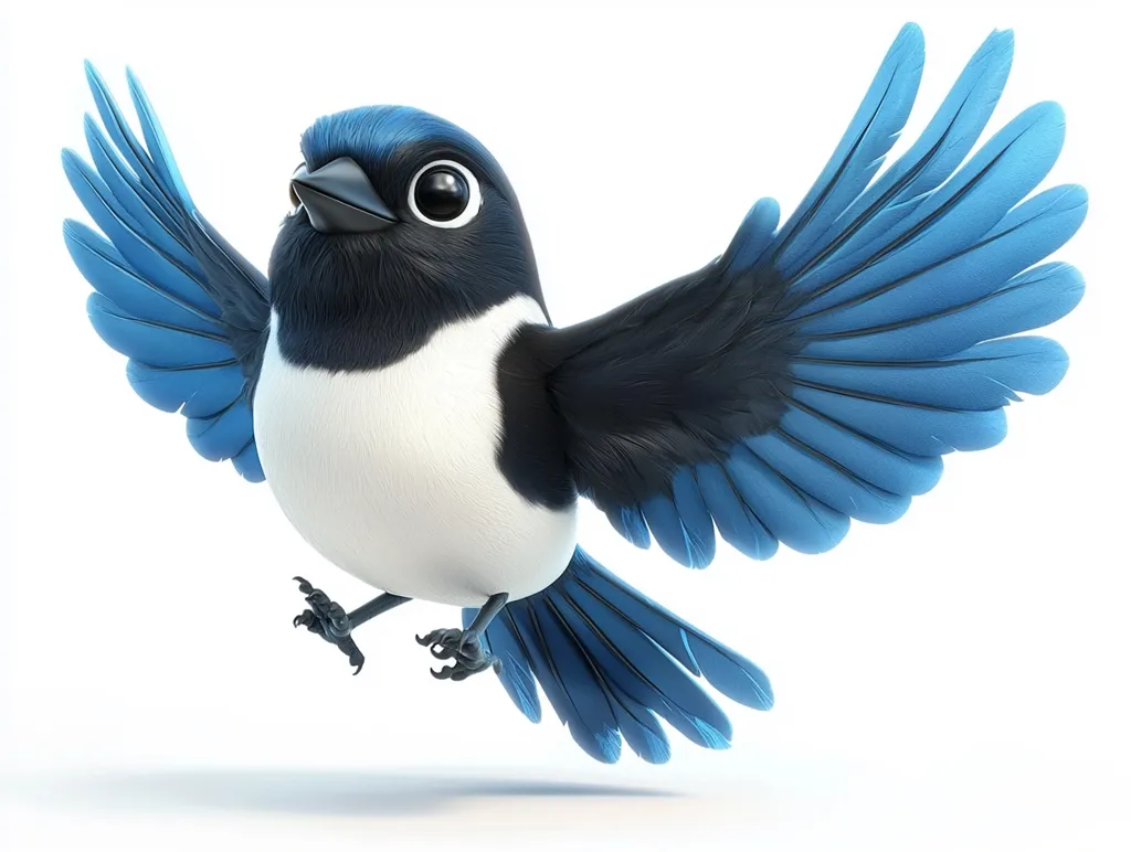 A cartoon bird with black and white feathers and bright blue wings is in mid-flight. It has large, expressive eyes and a fluffy, round body. Its wings are spread wide, and its tail feathers are trailing behind it. The bird appears to be flying towards the viewer, with a joyful and carefree expression on its face.  The background is a clean white, emphasizing the vibrant colors of the bird.
