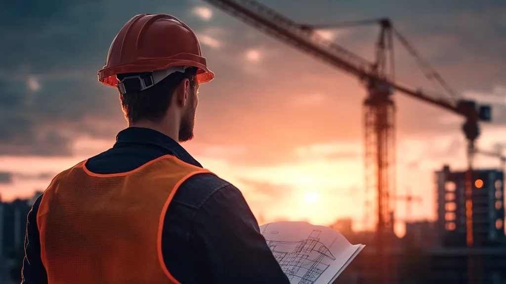 A construction worker in a hard hat and safety vest stands with his back to the camera, holding a blueprint. He is looking out at a construction site with a crane in the background. The sun is setting behind the worker, casting a warm glow on the scene. The image depicts the dedication and hard work of construction workers, as they strive to build a better future.