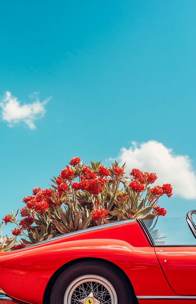 A vibrant red classic sports car is partially obscured by a cluster of bright red flowers. The car's sleek curves and shiny paint contrast beautifully with the lush greenery. The sky is a brilliant blue, dotted with fluffy white clouds, creating a picturesque backdrop. The image captures a moment of beauty and nostalgia.