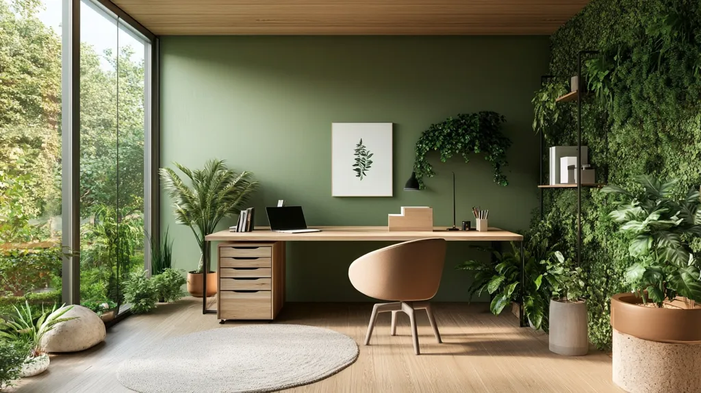 The image shows a home office with a large window overlooking a lush green garden. The walls are painted in a soft green, and the desk is made of wood. There are several plants and flowers, including a large potted plant in the corner. The desk is organized and has a laptop, a chair, and a small bookshelf.  The room is bright and airy, and the green theme throughout creates a peaceful and inviting atmosphere.