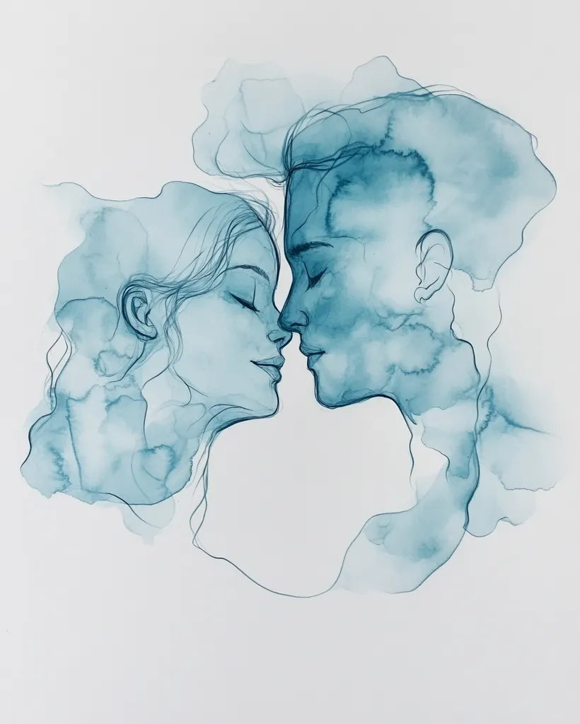 The image depicts a couple in a tender embrace. Their faces are drawn in delicate lines, outlined with a soft blue watercolor wash. The man's head is turned towards the woman, and their foreheads touch gently. The woman's eyes are closed, and her lips are slightly parted, suggesting a sense of peace and contentment. The watercolor washes create a dreamy atmosphere, blurring the lines between reality and fantasy. The couple's bodies are intertwined, their forms merging with the blue hues, suggesting a deep and intimate connection. The overall impression is one of love, tenderness, and a sense of tranquility.