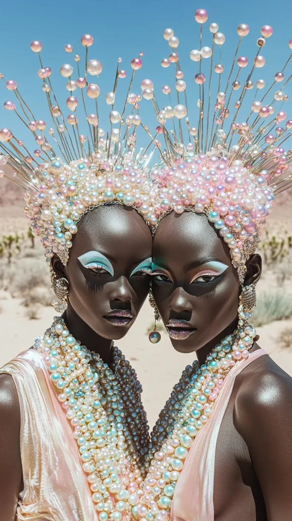 Two Black women with dark, iridescent makeup are wearing elaborate pearl necklaces and crowns. They are posed side by side, looking at the camera with serious expressions. The background is a blurred desert landscape. The image has a mystical and ethereal quality.