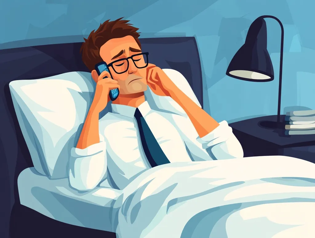 A man lies in bed, covered by a white duvet, talking on a phone. He is wearing a white shirt and a dark tie. He has a worried expression and is holding his forehead with one hand. A black lamp sits on a nightstand next to the bed. The room is blue and the scene is set at night. The man looks stressed and possibly in a difficult situation.