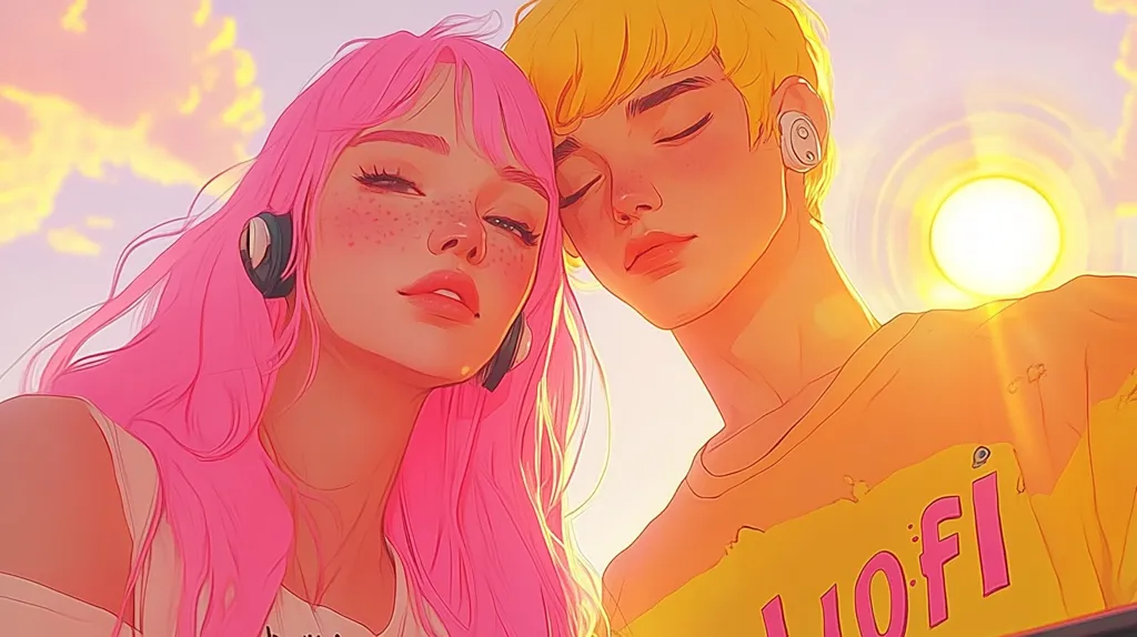 A young woman with bright pink hair and a man with blonde hair are close together, their foreheads touching. They are both looking at the camera with slightly closed eyes. The woman has freckles and is wearing a white top, while the man has a yellow shirt with the word "LOFI" written on it. The sun is shining brightly in the background, illuminating their faces and creating a warm and romantic atmosphere.