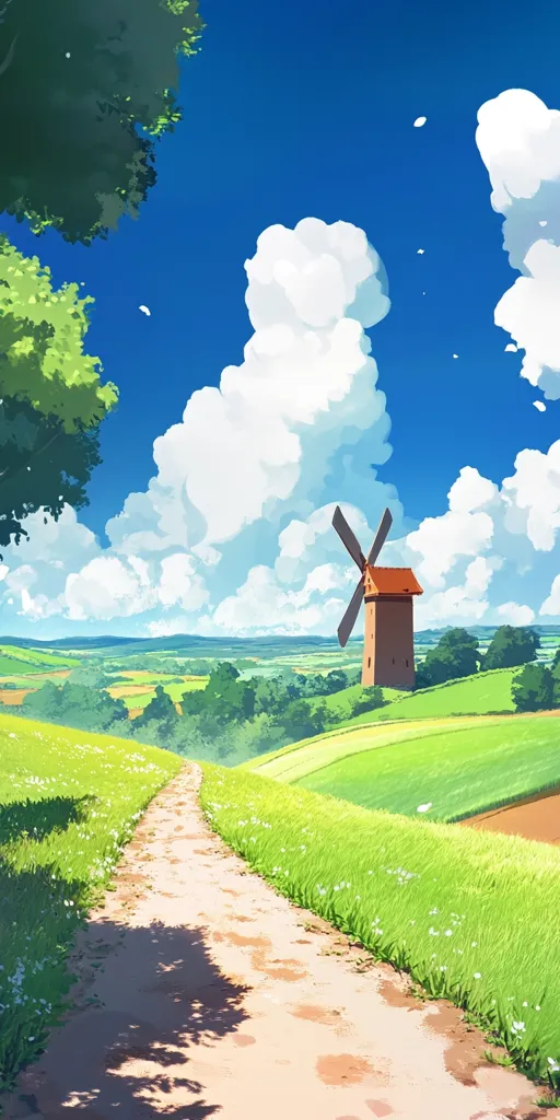 The image depicts a picturesque countryside scene. A winding dirt path leads through lush green fields towards a charming windmill perched atop a hill. The sky is a vibrant blue dotted with fluffy white clouds, creating a serene and idyllic atmosphere. The image captures the beauty of nature and evokes feelings of tranquility and peace.
