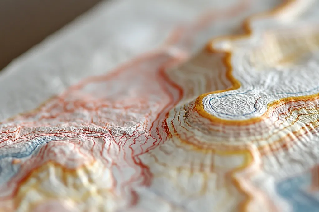 A close-up shot of a topographic map made from paper, with lines of red, blue, and yellow stitched into the surface, creating a textured, three-dimensional representation of a landscape. The map is folded, highlighting the depth of the stitched lines and creating a sense of relief. The image captures the intricate detail and artistry of the map-making process.