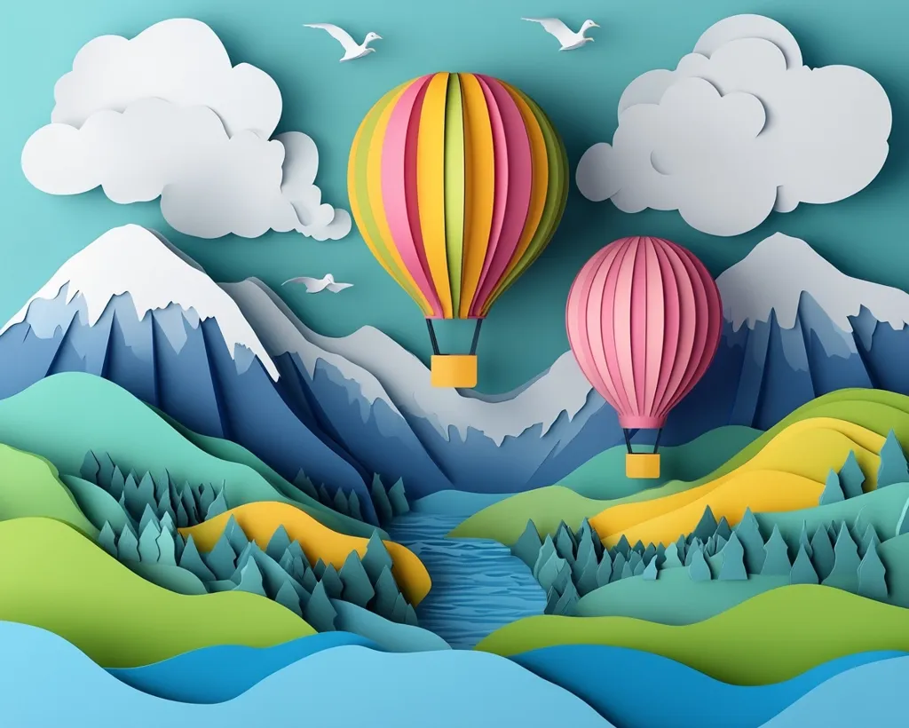 A paper-cut illustration of a whimsical landscape with two hot air balloons floating above layered mountains, clouds and a blue river. The scene is bright and colorful, creating a sense of joy and wonder. The intricate details of the paper-cut elements give the image a unique and artistic feel.