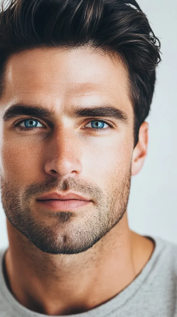 A young man with short dark hair and a light beard looks directly at the camera with a serious expression. He has bright blue eyes and fair skin. The light is soft and illuminates his face, highlighting the texture of his skin and the faint lines around his eyes. He is wearing a grey t-shirt. The background is out of focus.