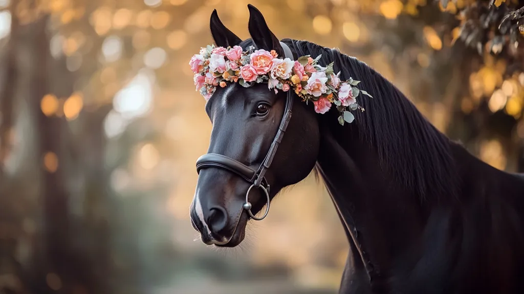 A black horse with a shiny coat stands in a forest setting, its head turned slightly to the side.  It wears a delicate crown of pink and white flowers, with a leather bridle and bit.  The background is soft focus, highlighting the horse's beauty and the subtle glow of the afternoon sun.  The image captures a moment of quiet grace and elegance.