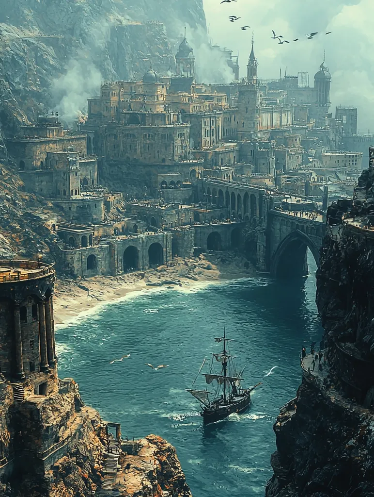 A grand, ancient city built into the side of a cliff overlooks a turquoise bay. The city's buildings are a mix of stone and wood, with many towers and spires. A lone sailing ship is anchored in the bay, and birds fly overhead. The scene is both majestic and slightly ominous, with a sense of history and mystery. The city seems to be built on the side of a cliff, with water below. The city is in ruins, but it is still beautiful.