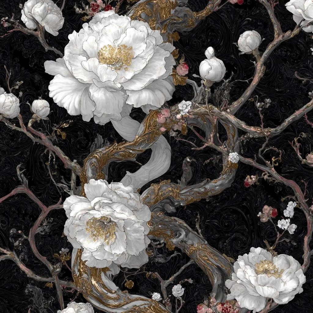 The image depicts a stylized, ornate floral arrangement. White blossoms, possibly peonies, bloom on a dark background, their petals delicately rendered. The branches are twisted and stylized, resembling gold-painted wood.  A few small, pink and red buds add to the overall visual richness, creating a sense of intricate beauty. The overall tone is dark and dramatic, with the white blossoms providing a striking contrast.