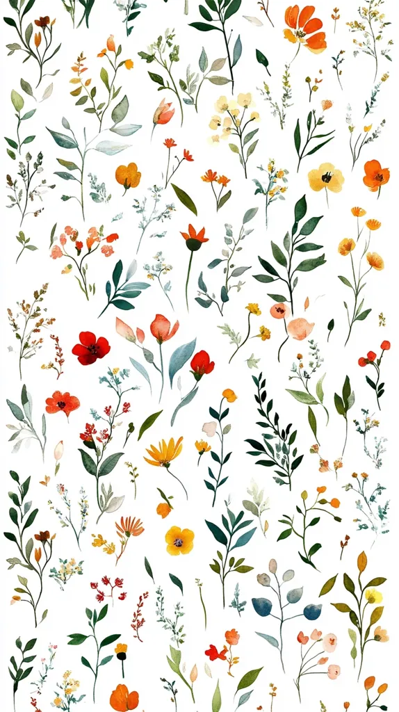 The image is a watercolor illustration of a floral pattern. It features a white background with a variety of flowers and leaves in shades of green, red, orange, and yellow. The flowers are mostly small and delicate, and the leaves are simple and elegant. The overall effect is one of beauty and tranquility.