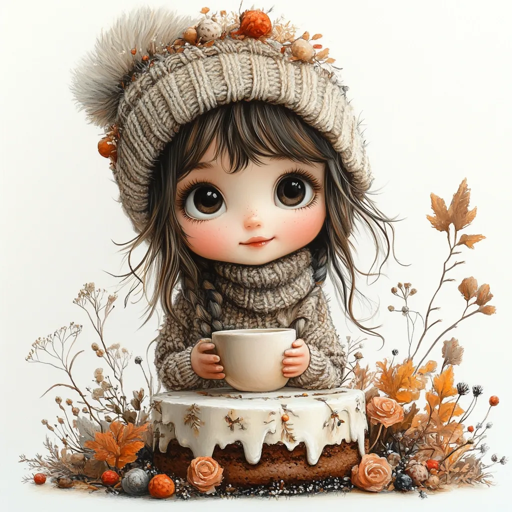 A cute cartoon doll with large eyes and a knitted hat sits on a cake with a cup of tea in her hands. She is surrounded by autumn leaves and flowers. The doll has a warm and innocent expression on her face. The image is painted in a whimsical and stylized manner, with soft colors and textures.