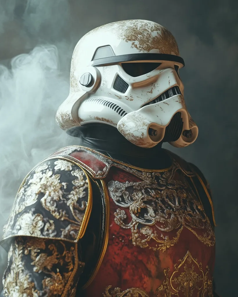 A Stormtrooper helmet, weathered and worn, is adorned with intricate gold filigree. The helmet is part of a full suit of armor, featuring a red and gold breastplate with elaborate patterns. The background is blurred with a soft, smokey haze, adding an air of mystery and intrigue to the scene.