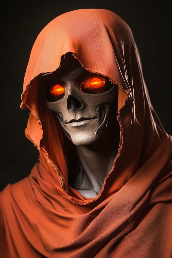 The image depicts a person wearing an orange hooded cloak. Their face is covered in white makeup, resembling a skull, with glowing orange eyes. The hood casts shadows on their face, creating a mysterious and ominous atmosphere.  The person's expression is stoic, adding to the sense of intrigue.