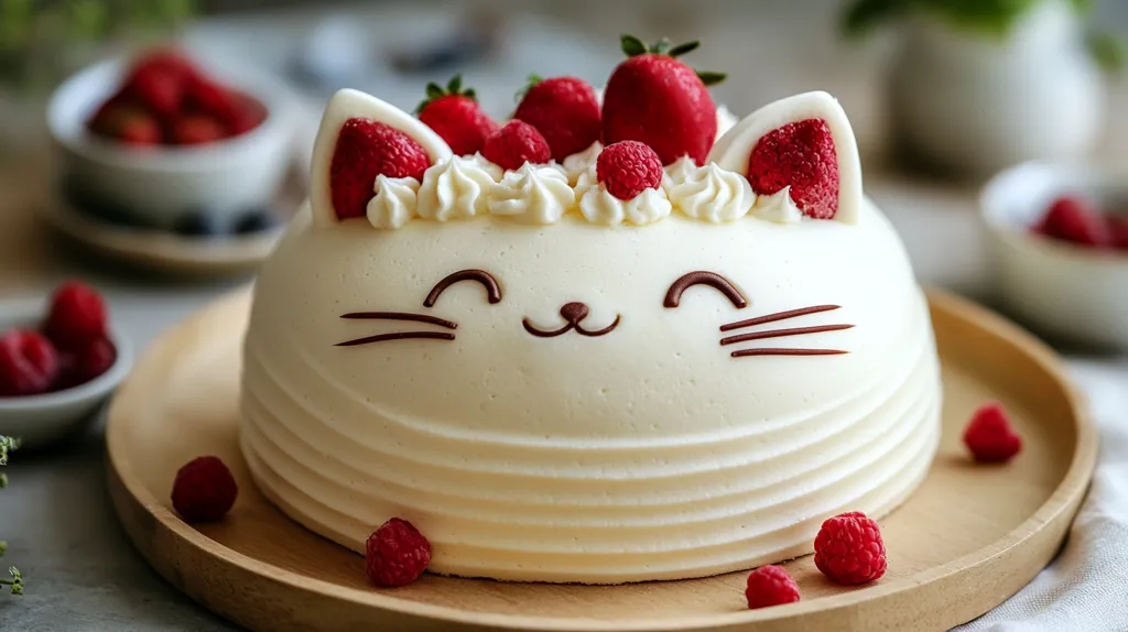 A white cake shaped like a cat with chocolate whiskers and a smiling face sits on a wooden plate. The cake is decorated with fresh strawberries and raspberries. The cake is surrounded by a white tablecloth and other plates with raspberries. The image is well-lit and shows the intricate details of the cake.