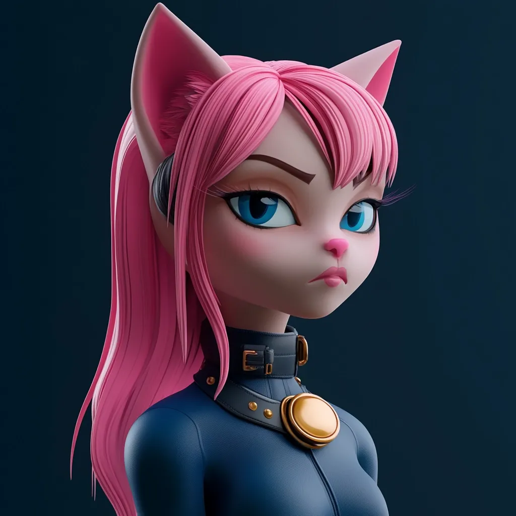 The image depicts a 3D rendered, anthropomorphic cat-like character with pink hair, blue eyes, and a serious expression. She wears a blue leather jumpsuit with a black leather collar adorned with a gold button.  The image is rendered in a cartoon style, with exaggerated features and smooth textures. The background is a simple, dark blue.  The character appears to be confident and determined.