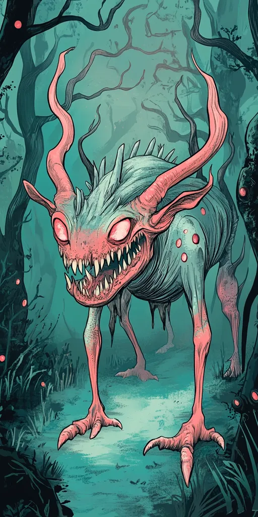 A grotesque, monstrous creature with pink flesh and a toothy grin stalks through a dark, foreboding forest. It has long, slender legs with clawed feet, and its body is a blend of blue and green hues. The creature's eyes glow an eerie red, adding to its unsettling nature. The dark, tangled trees and the unsettling creature suggest a sense of danger and mystery.