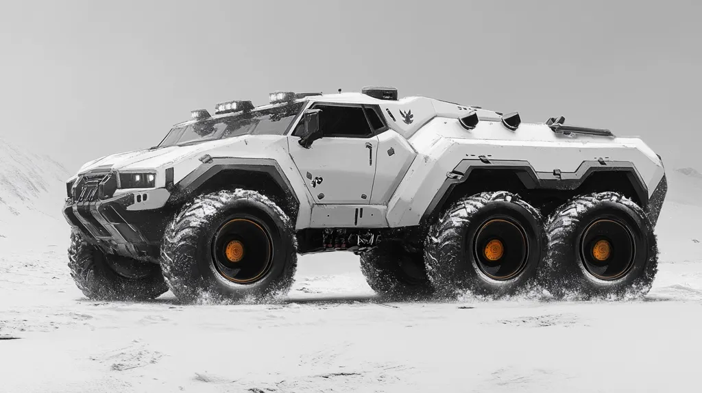 A white, futuristic-looking vehicle with large, rugged tires is driving on a snowy terrain. The vehicle has a boxy design with a high ground clearance and appears to be designed for off-roading. The vehicle is surrounded by a white, snowy landscape, and the sky is overcast. The vehicle has a sleek and modern design, and the large tires indicate that it is built for extreme conditions. The vehicle appears to be moving at a moderate speed, and the snow is slightly kicked up by the tires.