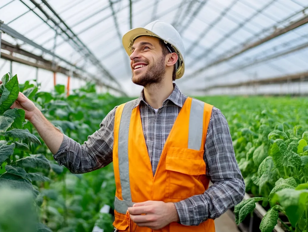 A man in a white hard hat and orange safety vest is smiling and looking to the right, his hand gently resting on a plant.  He is standing in a greenhouse, rows of lush green plants are visible in the background. The light filters through the glass roof, creating a warm glow. The overall feeling is of a successful and happy farmer.