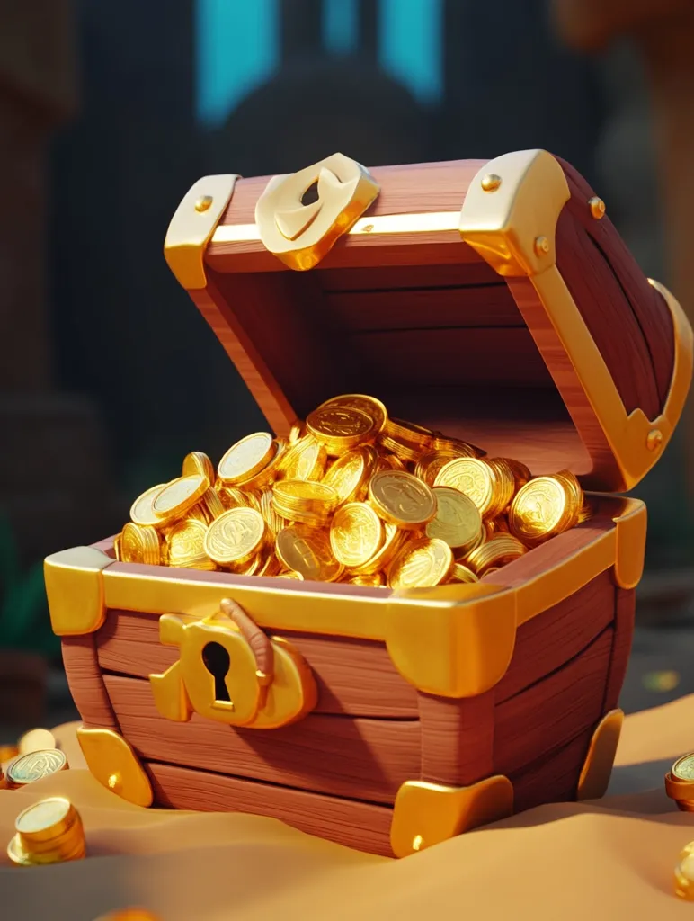 A wooden treasure chest, adorned with gold accents, lies open on a sandy surface. The chest is overflowing with a mountain of glistening gold coins, signifying wealth and prosperity. The ornate lock on the chest adds a touch of intrigue, hinting at the secrets and treasures it holds. The image evokes a sense of adventure and the thrill of discovery.