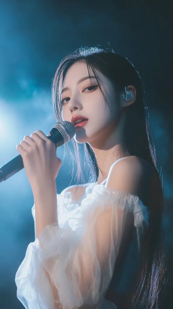 A young woman with long black hair, wearing a white sheer top, holds a microphone to her lips, her eyes closed in concentration as she sings. Her face is illuminated by soft blue light, and a small silver earring glistens in her ear. The background is blurred and ethereal, creating a dreamy atmosphere.