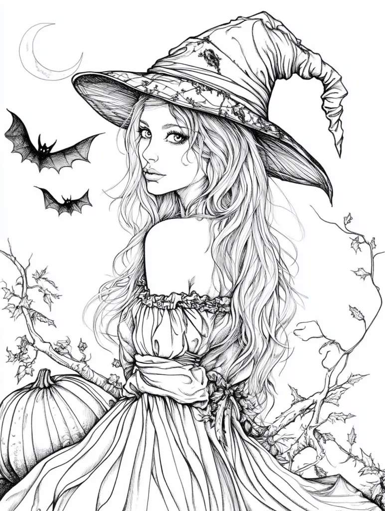 A witch with long flowing hair wears a pointed hat with a wide brim. She looks to the side with a calm expression and her arms are crossed. She wears a long flowing dress and has a pumpkin at her feet. Bats fly around her in the night sky, and the moon shines above. The image is drawn in black and white and has a very detailed style.