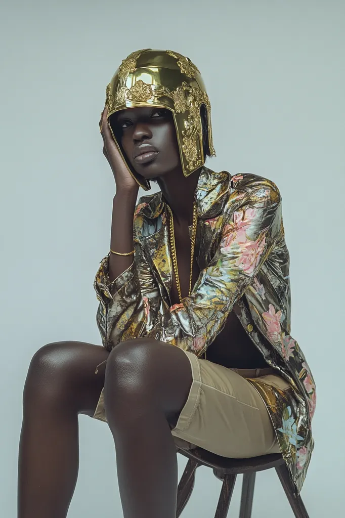 A person with dark skin is wearing a gold helmet with intricate designs, a floral patterned jacket, and khaki shorts. They are sitting on a small wooden stool with their left hand resting on their cheek, looking off to the side with a thoughtful expression.  The background is a simple, light gray.