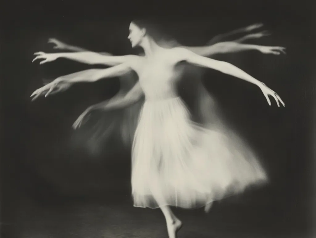 The image is a black and white photograph of a ballerina in mid-twirl. She is wearing a flowing white dress and her arms are outstretched. The ballerina's form is blurred, creating a sense of motion and ethereal beauty. The dark background emphasizes the ballerina's graceful figure. The image captures the fleeting nature of movement and the beauty of dance.