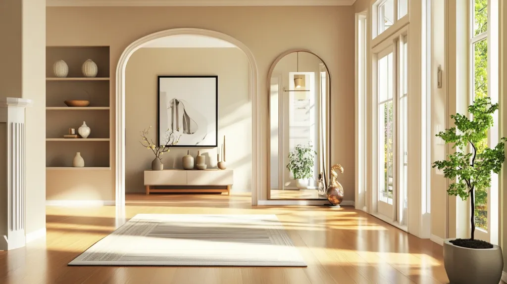 The image shows a spacious and bright living room with an arched doorway leading to a hallway.  Sunlight streams in through large windows, illuminating the hardwood floors and a white rug in the center of the room.  A sleek, white console table is positioned beneath a framed artwork, while a mirrored archway reflects the room's elegant decor.  A potted plant adds a touch of greenery to the scene, adding warmth and life to the modern and minimalist interior.