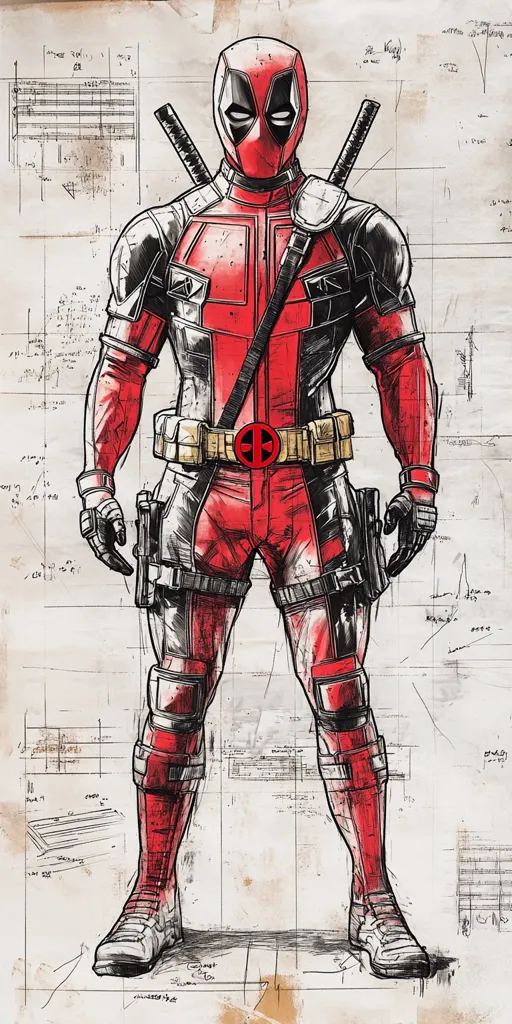 Deadpool, the superhero, is depicted in a comic book style drawing. He is wearing his iconic red and black suit with a belt and straps. He is holding two swords and is standing on a background of technical drawings, giving the impression of a blueprint for the character.  The drawing is done in pencil and has a textured look.