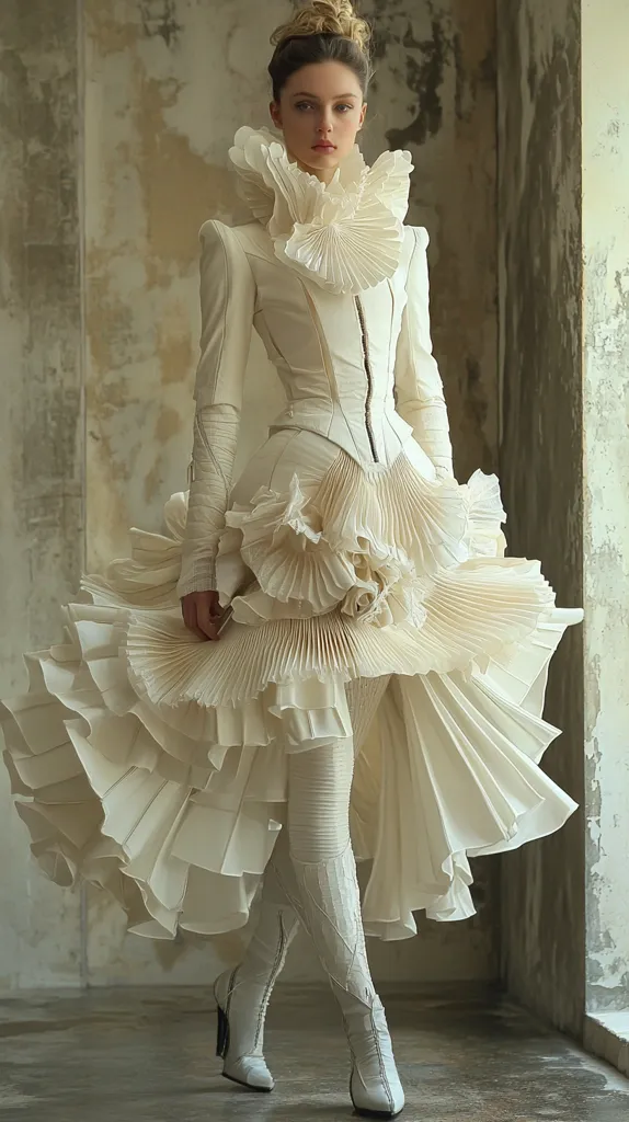 A woman in a white dress with a large, ruffled collar stands against a textured wall. The dress is intricate, with many layers of ruffles and pleats. The woman has a delicate face and wears white heeled boots. Her hair is pulled back in a simple style. The image is light and airy, and the woman appears ethereal and elegant.