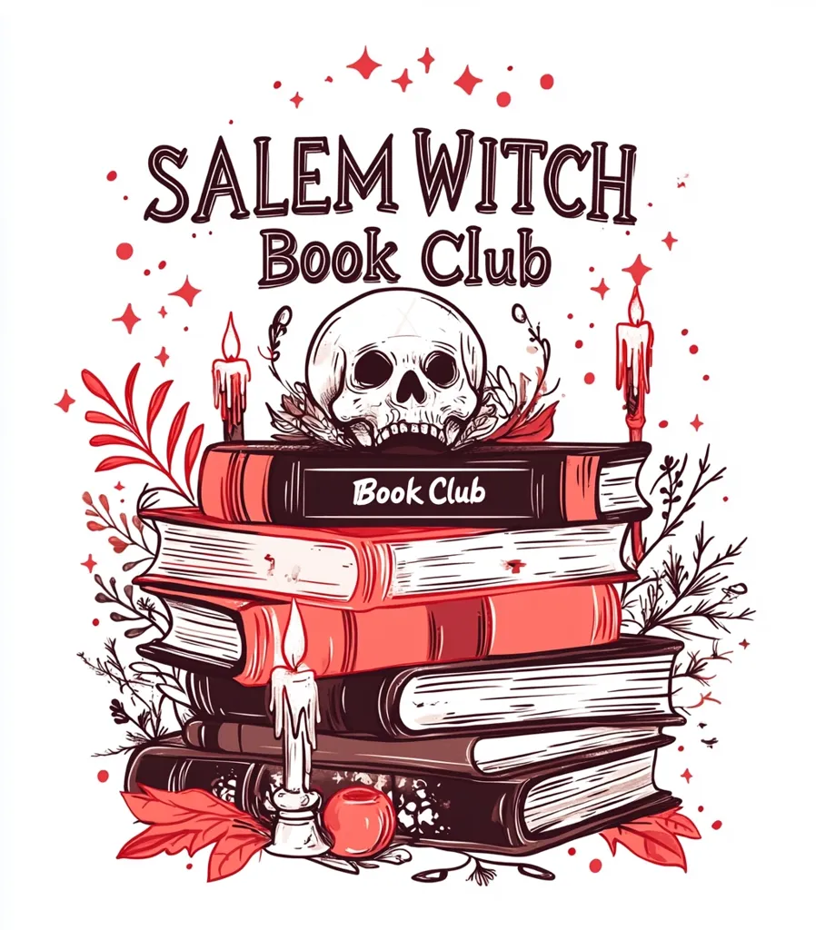 The image depicts a stack of books with a skull on top. The books are surrounded by candles, leaves, and flowers. The text "Salem Witch Book Club" is written at the top of the image, suggesting a book club with a spooky theme. The image is illustrated in a vintage style, with hand-drawn lines and red and black color palette.  The overall impression is one of mystery and intrigue, inviting the viewer to join the book club.