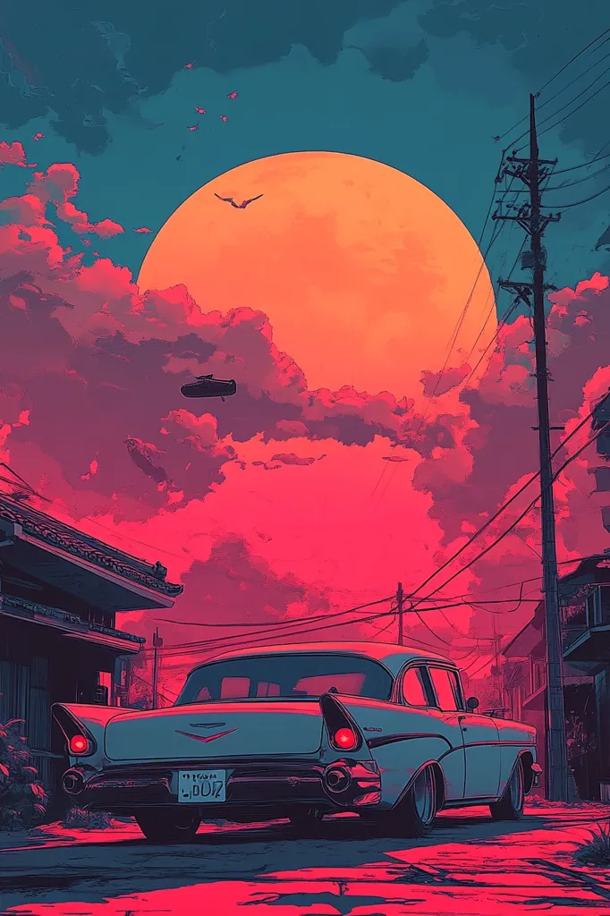 A vintage car sits on a deserted street under a giant, orange moon. The sky is a vibrant red and blue, with fluffy clouds. A few birds fly overhead and power lines stretch across the scene. A building looms in the background, adding to the enigmatic atmosphere. The scene is a mix of retro and futuristic, with a sense of isolation and mystery.