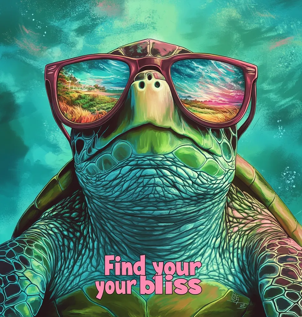 A sea turtle with a relaxed expression wears sunglasses reflecting a vibrant sunset and ocean scene. The turtle's shell is a beautiful shade of green, and the image is set against a turquoise background. The words "Find your your bliss" are written in pink at the bottom of the image. The overall effect is one of peacefulness and contentment.