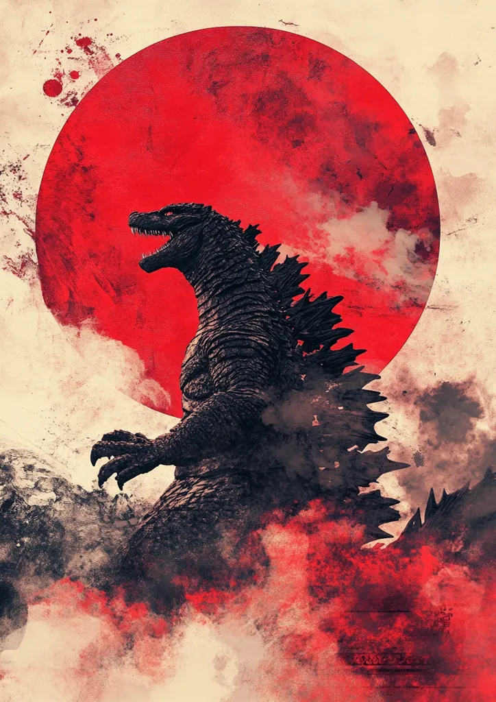 A large, black Godzilla stands in front of a red, full moon. The image is stylized with a watercolor effect. Godzilla looks to the right, with its mouth open in a roar. The red moon is partially obscured by smoke or clouds. The image has a gritty, grunge feel.