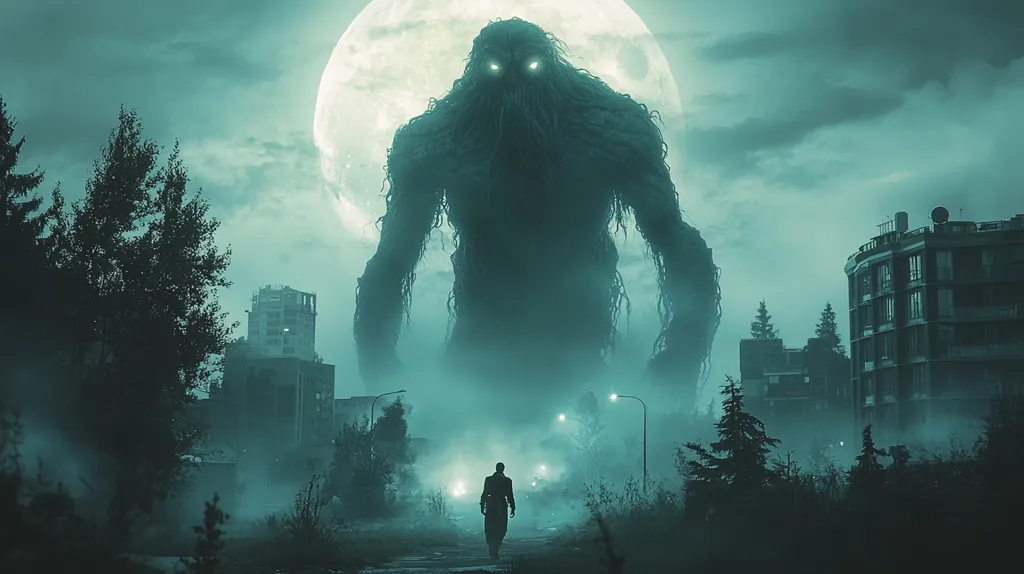 A colossal, shadowy figure, composed of swirling tendrils and glowing eyes, looms over a deserted city under a full moon. The creature's vast size dwarfs the buildings and trees, casting an ominous presence.  A lone figure, dwarfed by the monster, walks towards the creature, their silhouette a stark contrast to the ethereal green landscape. The scene evokes a sense of impending doom and the fragility of human life in the face of unimaginable power.
