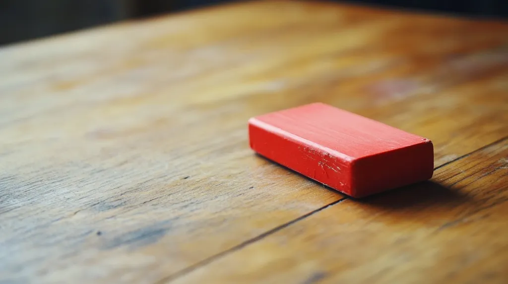 A bright red rectangular eraser lies on a wooden surface. The eraser is slightly angled towards the right side of the frame. The wooden surface is light brown in color and has a smooth texture. The image is focused on the eraser, and the background is blurred.