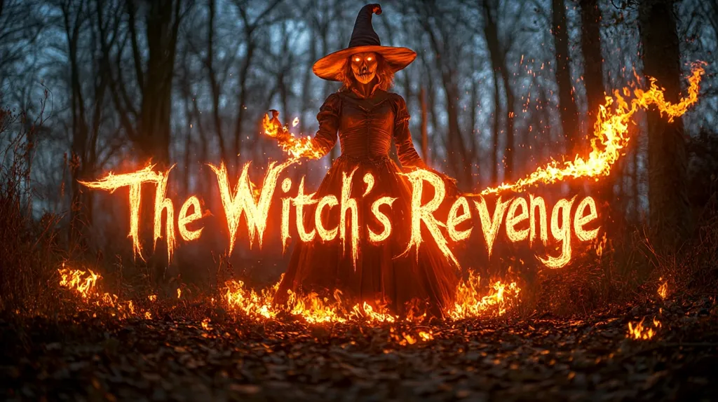 The image shows a witch standing in a dark forest. She is wearing a long, red dress and a pointed hat, and her face is painted with a sinister grin. She is holding her hands out in front of her, and flames are coming from them. The flames are forming the words "The Witch's Revenge" in the air. The image is dark and atmospheric, and it suggests that the witch is about to unleash her wrath.  The image evokes a sense of fear and danger, hinting at the witch's sinister intentions.