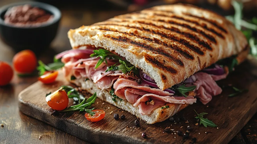 A close-up shot of a panini sandwich on a wooden board. The panini is grilled and filled with ham, red onion, and arugula. There are some cherry tomatoes and a small bowl of spread in the background. The image is focused on the panini, with the background slightly blurred. The panini looks delicious and inviting.  The image is well-lit and has a warm tone.