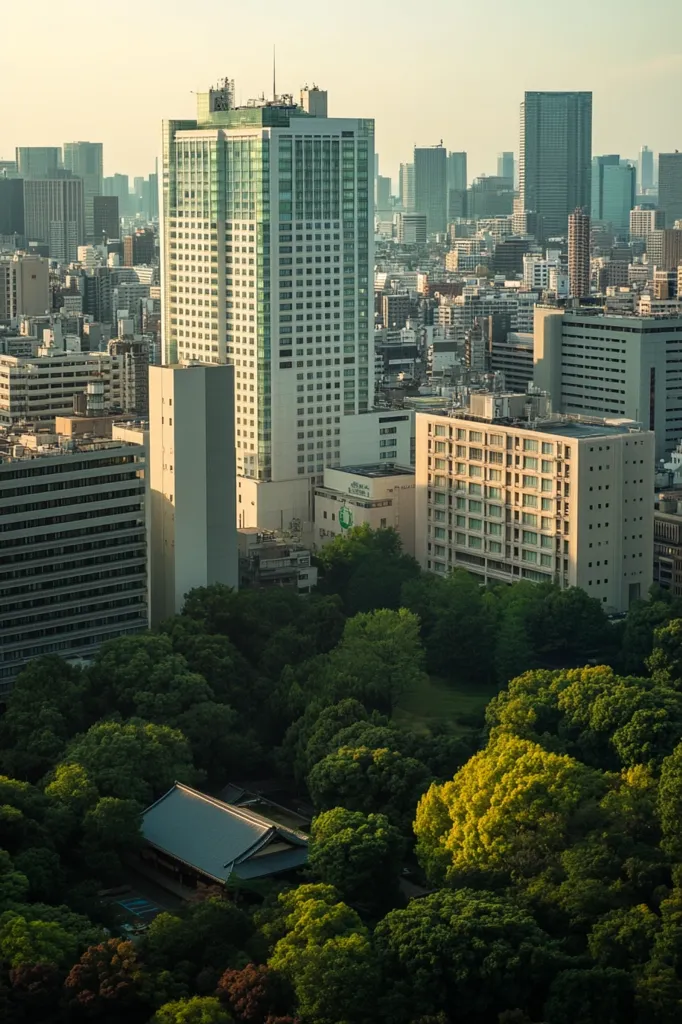 An aerial view of a city with a large, modern skyscraper standing out amongst the smaller buildings. The city is surrounded by lush green trees and a patch of grass in the foreground. The building in the center appears to be a hotel, with a sign that says "Hotel Nikko". The scene is bathed in the warm glow of the setting sun, casting long shadows across the city.
