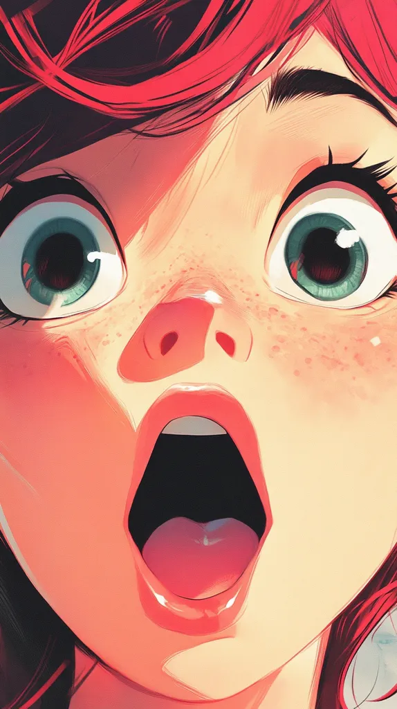 The image depicts a close-up of a young woman's face, with a focus on her expressive eyes and open mouth. She has long, flowing red hair, large green eyes, and a wide-open mouth, suggesting shock or surprise. The image is rendered in a vibrant, anime-inspired style, with soft, glowing colors and detailed facial features.  Her freckled skin adds a touch of realism to the overall whimsical tone.