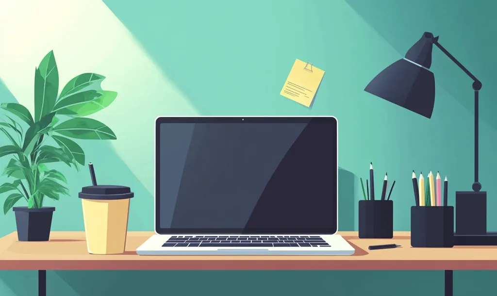 A minimalist desk with a laptop, a coffee cup, two pencil holders, a desk lamp, and a plant in a pot. The desk is made of wood and has a green background with a yellow sticky note. The laptop screen is black and the coffee cup is yellow with a black lid and straw.  The desk lamp is black with a white cord. The plant is a green houseplant. The overall aesthetic is clean and modern.