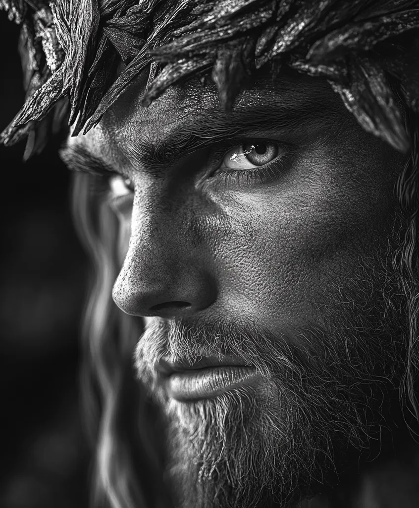 A black and white portrait of a man with long hair and a beard. He wears a crown of leaves, and his piercing gaze is directed towards the viewer. The light catches the texture of his skin and hair, creating a sense of depth and intensity. The image evokes a sense of power and mystery, possibly portraying a mythical creature or a god of nature.