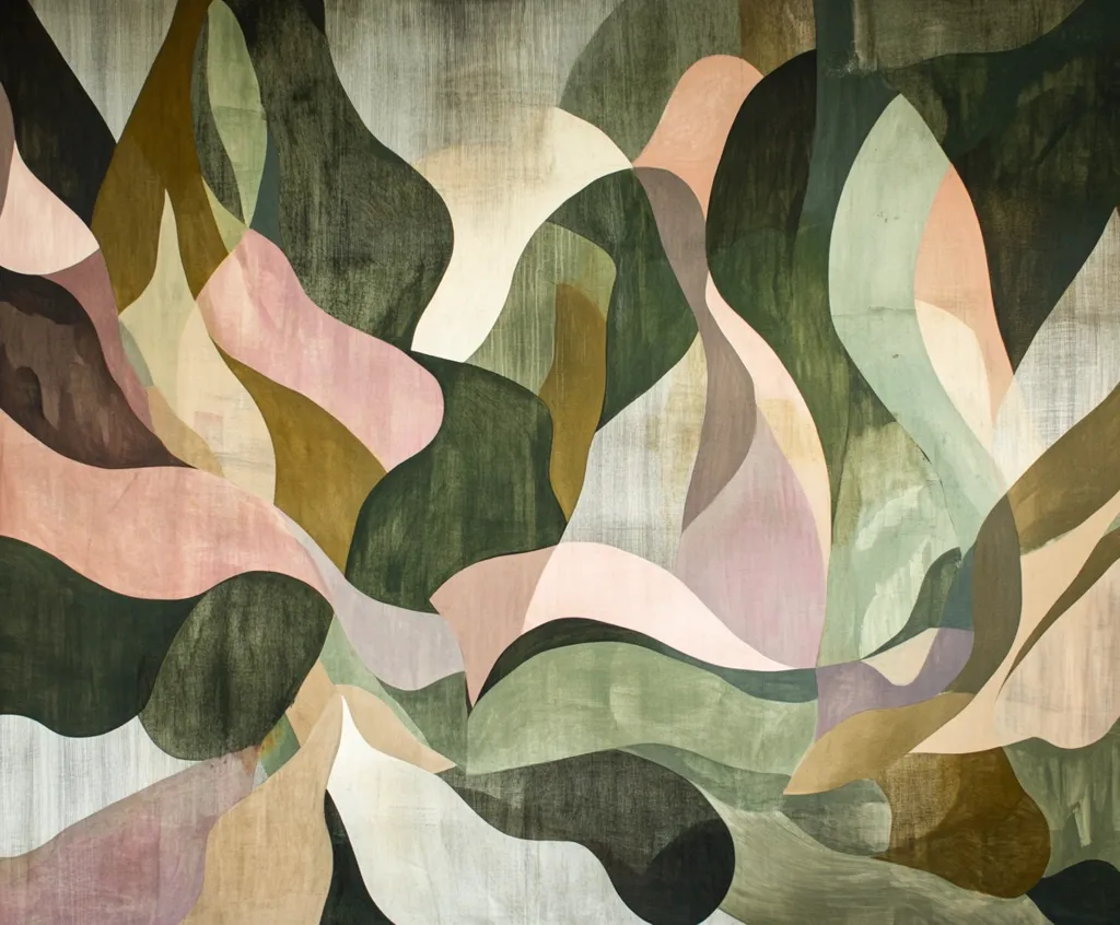The abstract painting features a blend of organic shapes in shades of green, brown, pink, and beige. The shapes overlap and intertwine, creating a sense of depth and movement. The muted colors evoke a sense of tranquility and nature. The overall composition is balanced and harmonious, creating a visually pleasing and serene piece.