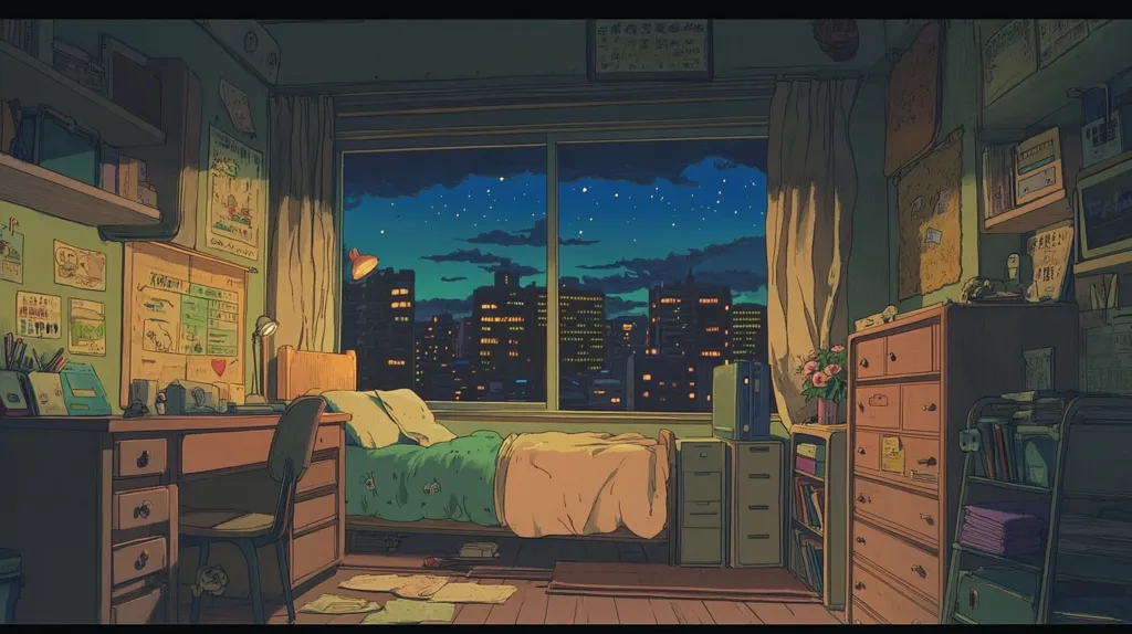 The image depicts a cozy bedroom with a large window overlooking a cityscape at night.  The room is filled with furniture, including a bed, desk, dresser, and bookshelves. The bed is unmade and has a green blanket. The desk is cluttered with papers and a lamp. The dresser is filled with drawers and has a few items on top. The bookshelves are full of books and other items. The cityscape is illuminated by streetlights and stars. The room has a warm and inviting atmosphere.