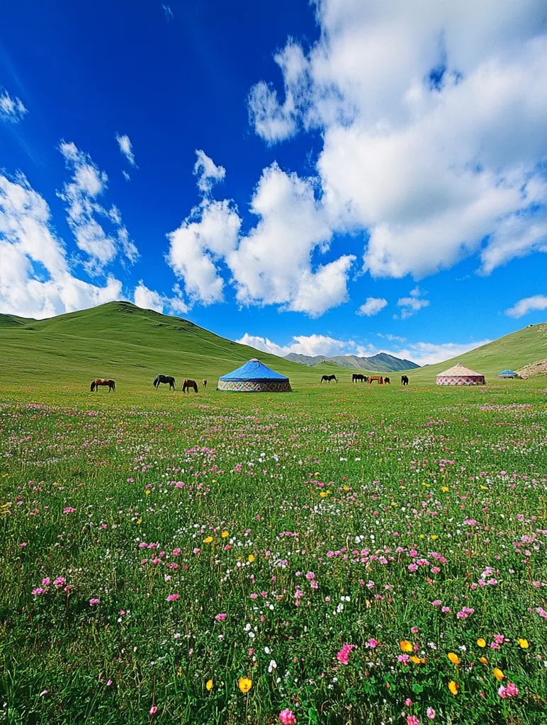 A vast, green meadow stretches out beneath a bright blue sky dotted with fluffy white clouds. A few horses graze peacefully on the lush grass, and several traditional yurts stand in the distance. The ground is covered in a carpet of wildflowers in shades of pink, white, and yellow, creating a stunningly vibrant display of nature's beauty.  The image evokes a sense of tranquility and peacefulness, inviting the viewer to imagine themselves wandering through this idyllic landscape.